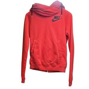 Nike Women’s Small Red Funnel Neck Pullover Hoodie Sweatshirt Logo Kangaroo Pock